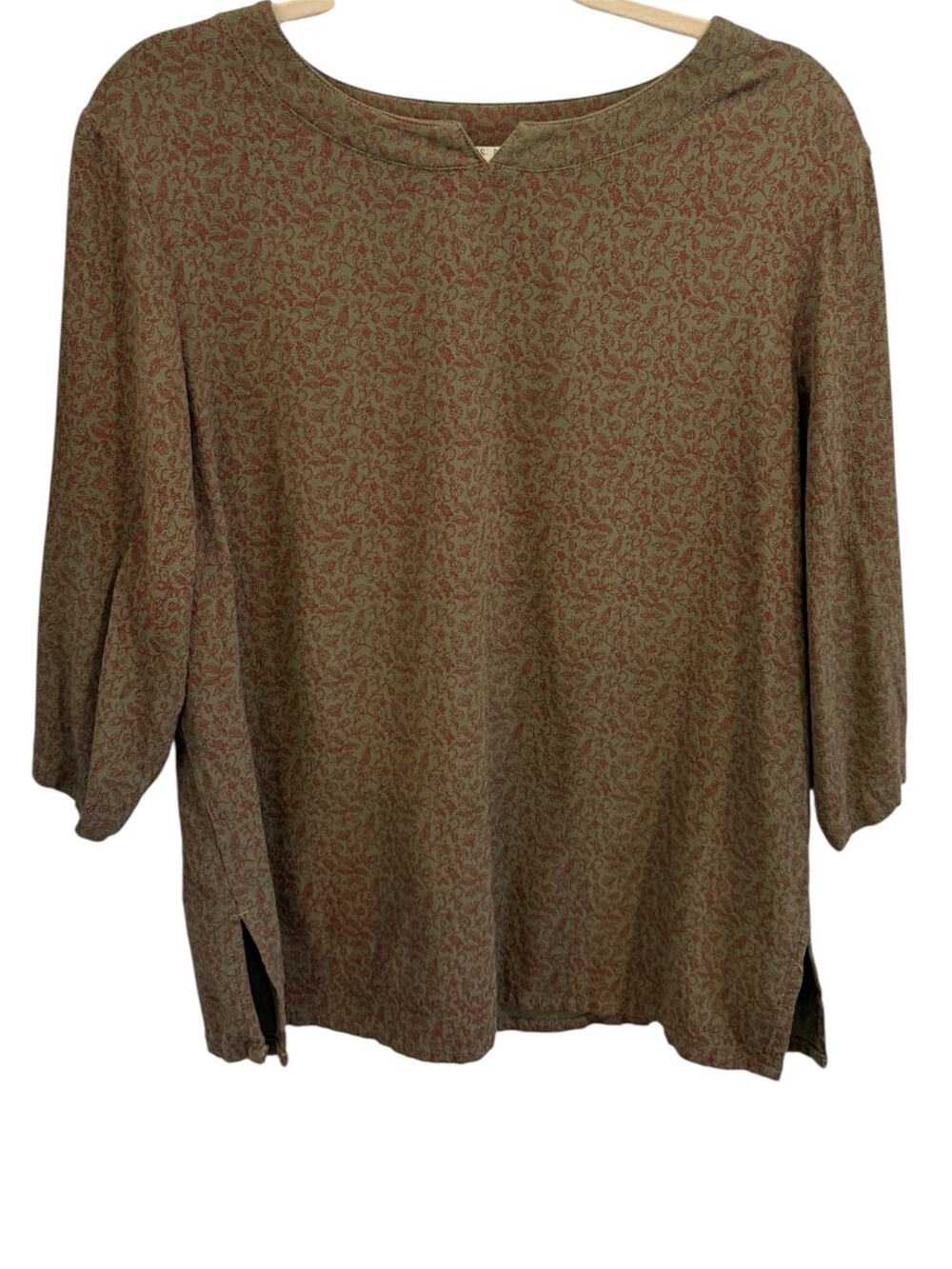 Vtg 80s Russ Berens L Green Ditsy Floral Popover USA Made Preshrunk Artsy Top